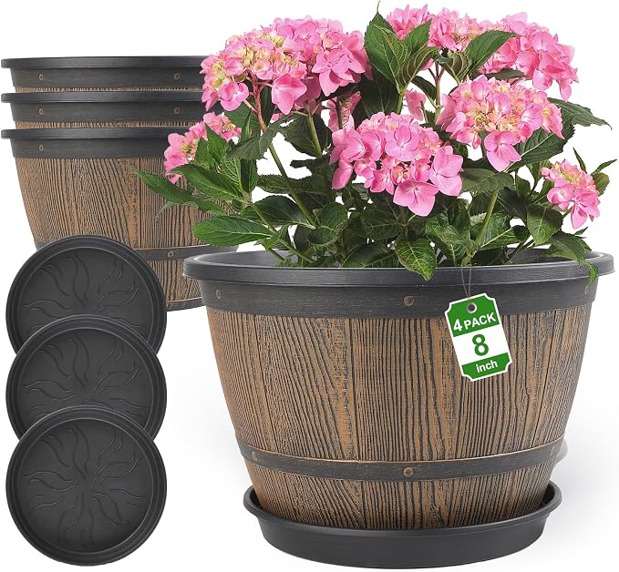 8-inch-Plant-Pots-Indoor-Outdoor, 4 Pack Whiskey Barrel Planters by FlowyypoPlantPot