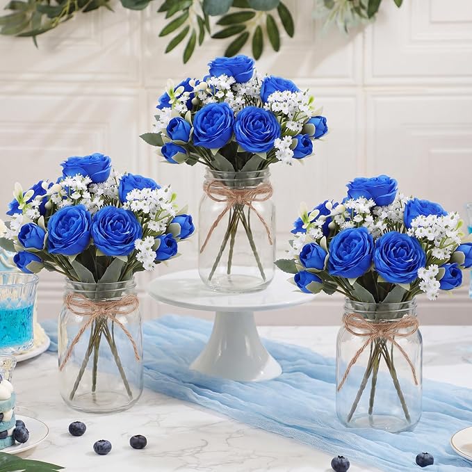 6 Sets Mason Jar Flowers Centerpiece Table Decorations, Royal Blue | Faux - Image 3