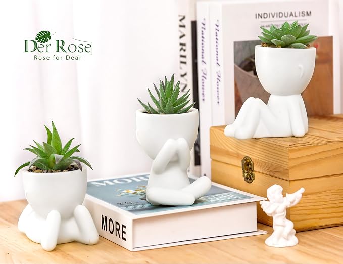 Der Rose 3 Pack Fake Succulents in White Human-Shaped Pots - Image 6