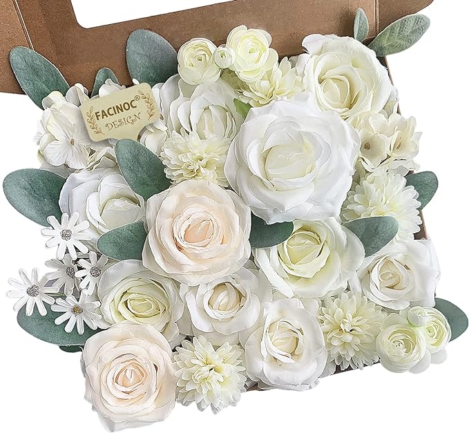 FACINOC Roses Artificial Flowers White Bouquet Fake Flower by FACINOC