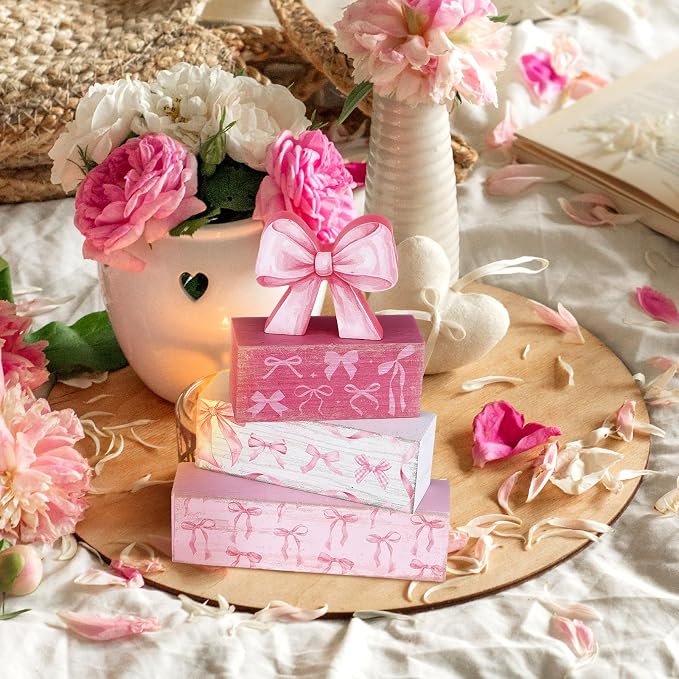 Conelist 4 Pcs Pink Bow Room Decoration Coquette Gift Pink Bow Block Sign - Image 5