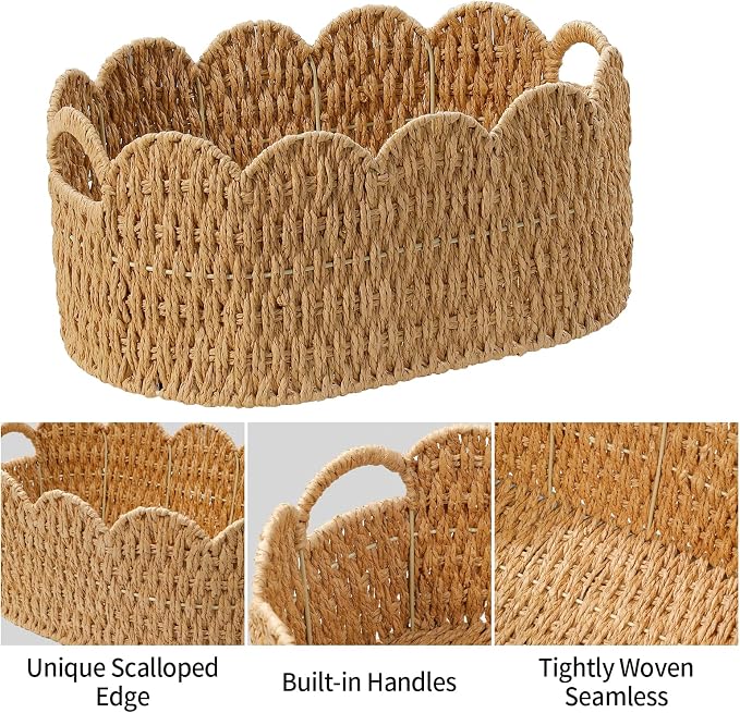 Coeusy Paper Rope Scalloped Basket Set of 2, Wicker Storage Baskets - Image 7