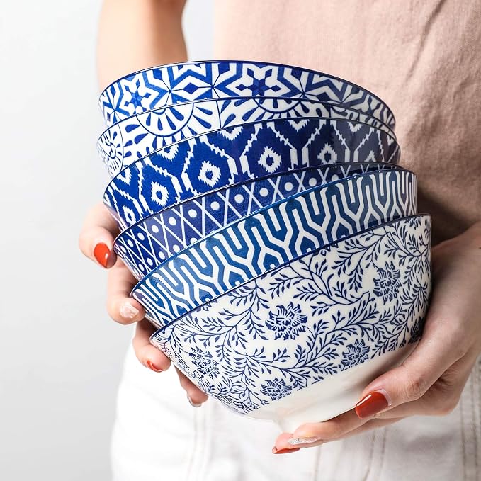 Selamica Blue and White Porcelain 20oz Cereal Bowl Set - Image 4