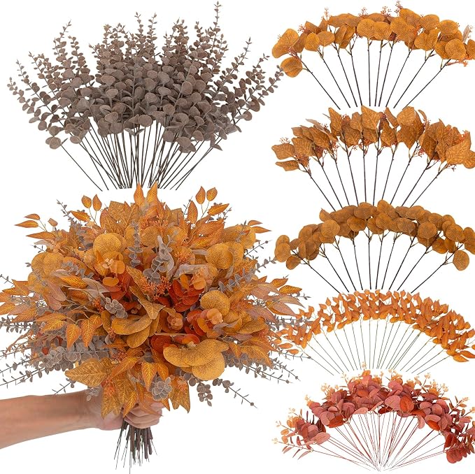 130 Pcs Fall Mixed Greenery Artificial Eucalyptus Stems Bulk, 6 Kinds of Fake by Lovemoon