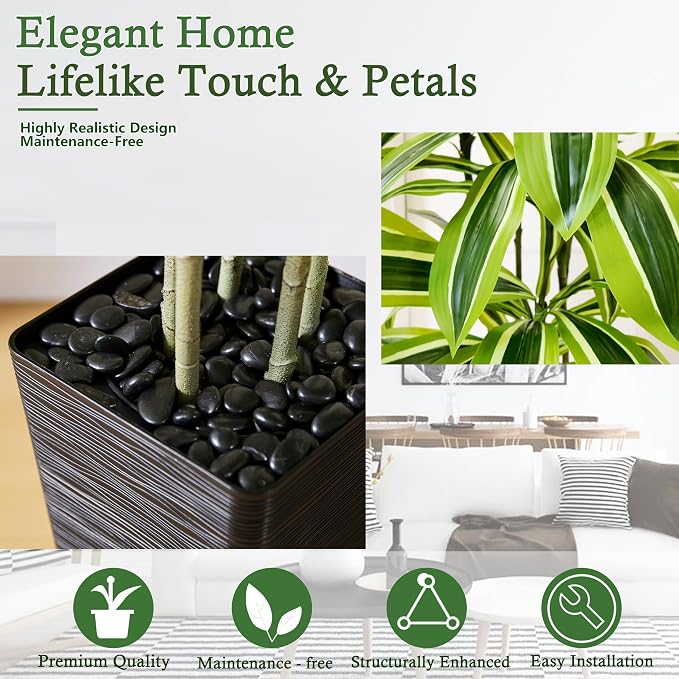 Artificial Dracaena Tree: 5FT Fake Plants Silk Faux Trees（Black Pot） | - Image 4