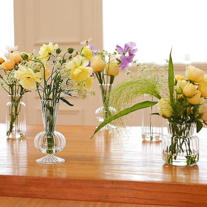 12 Pcs Ribbed Glass Bud Vases Set, 4 Styles Clear Small Flower Vases | Mini - Image 3