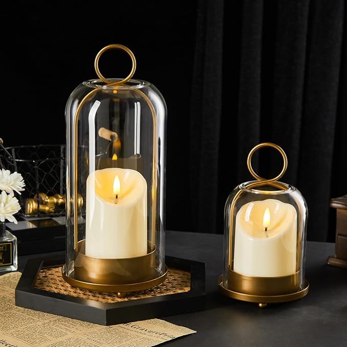 5"&4" Metal Candle Holder with Handmade Glass Dome in Brass & 2 Timer Candles by Unknown