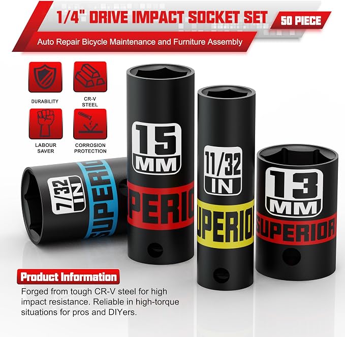 50 Piece 1/4" Drive Impact Socket Set, SAE & Metric, Deep and Shallow Sockets - Image 4
