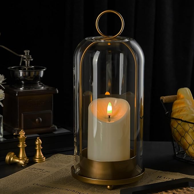 5"&4" Metal Candle Holder with Handmade Glass Dome in Brass & 2 Timer Candles - Image 4