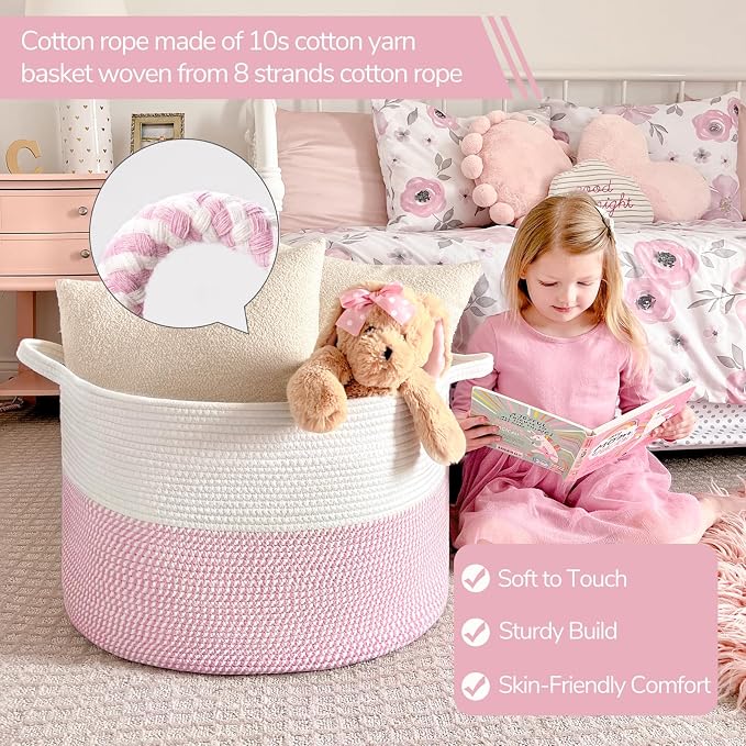 INDRESSME XXXLarge Woven Rope Blanket Basket Living Room Pink, 90L | Pink room - Image 2