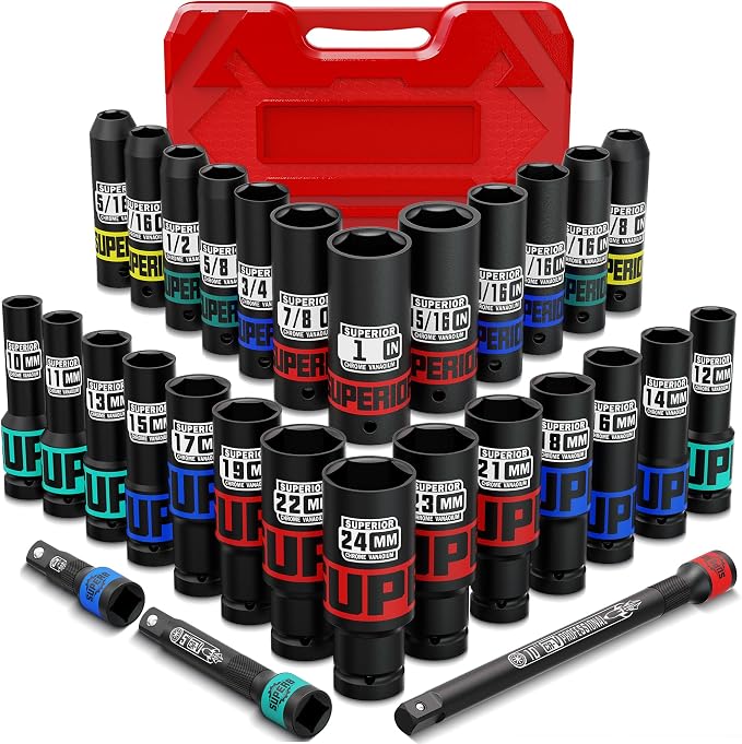 30 Piece 1/2" Drive Impact Socket Set, SAE and Metric Deep Socket, Including by Aiourx