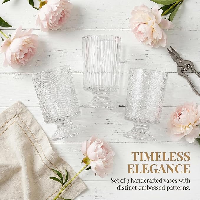 Pumtus 3 Pack Flower Vases for Centerpieces, Vintage Glass Pedestal Vase Set - Image 9