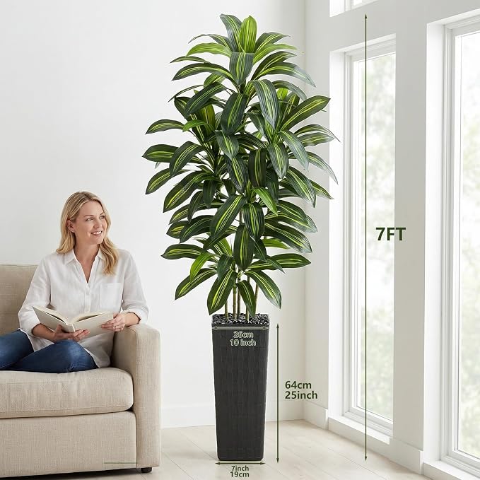 Artificial Dracaena Tree: 7FT Fake Plants Silk Faux Trees（Black Pot） | - Image 2