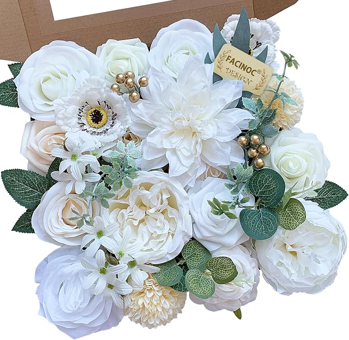 FACINOC White Rose Artificial Flowers Fake Flower Bulk by FACINOC