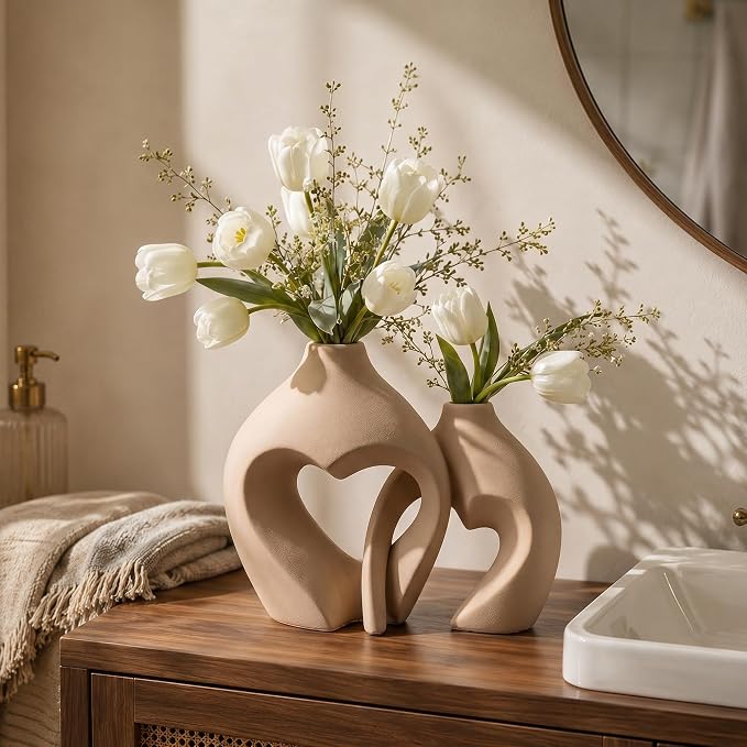 Ceramic Flower Vases Home Decor Heart Shaped Vase Set of 2 | Nordic Heart - Image 4