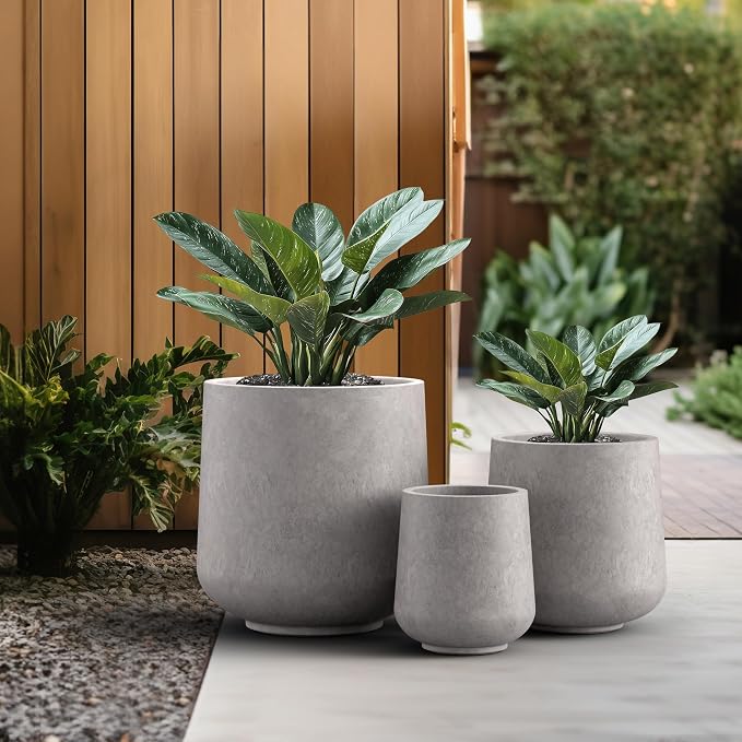 Kante Set of 3 CON Gray Concrete Curved Planters 16.5" 13" 9.4" Dia | Drainage - Image 5