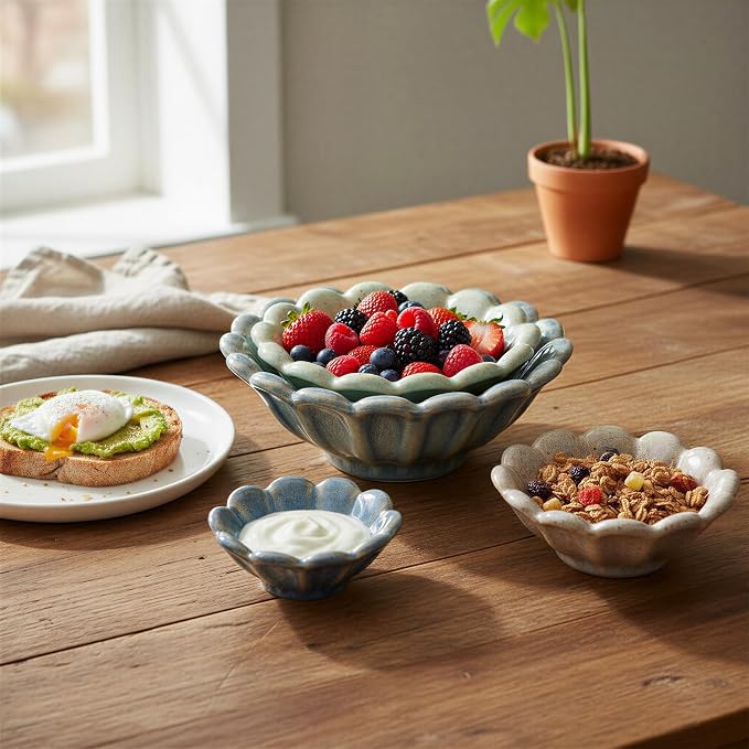 Creative Co-Op 4-Piece Stoneware Flower Shaped Bowl Set in Reactive Glaze - Image 8