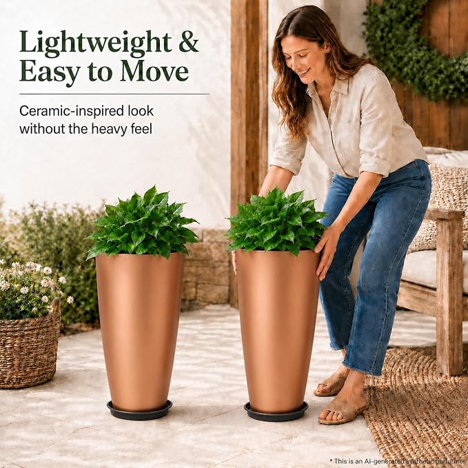 Neoaider Set of 2 Tall Planter, 21 inch Large Plastic Planter, Rose Gold | - Image 8