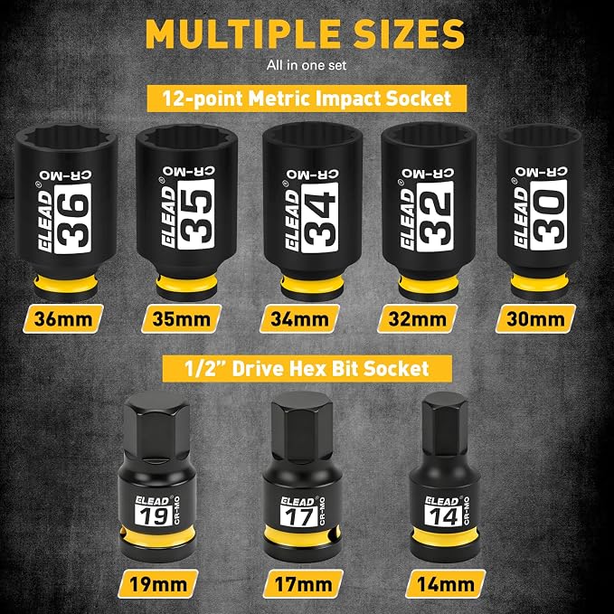 12-Point 1/2" Drive Axle Nut Socket Set, 8-Piece Metric Wheel Axle Nut Wrench - Image 3