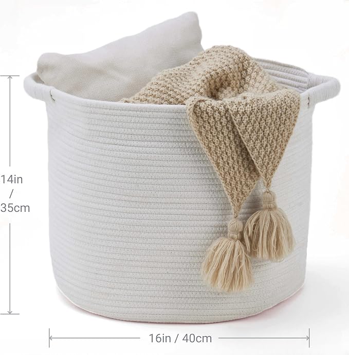 Blanket Basket for Living Room, Woven Rope Storage Basket | 16"D x 14"H | White - Image 3