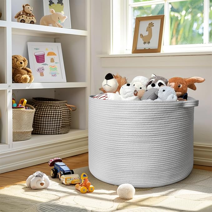 115L White Cotton Rope Storage Basket, 23.6"x15.7" Extra Large Blanket Storage - Image 6