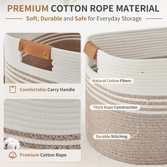 Laundry Hamper with Handles, 72L Rope Laundry Basket, Light Brown | Cotton rope - Image 3