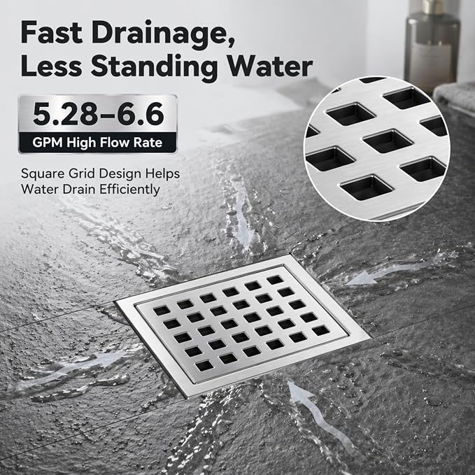4" Brushed Silver Shower Drain, Square Shower Floor Drain - Image 4