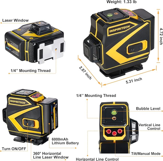 Floor Laser Level Self Leveling, 3x360 Horizontal Vertical Cross Line laser - Image 2