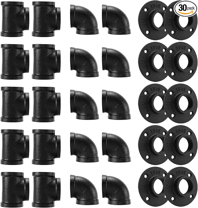 1" Black Pipe Fitting, 30 Pack 1" Black Floor Flange/Elbow/Tee Combo by HomeTZH