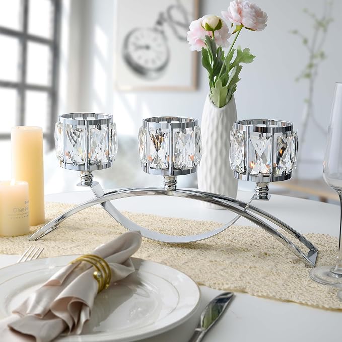 3 Arms Crystal Bowl Tealight Candelabra Votive Candle Stand, Wedding - Image 2