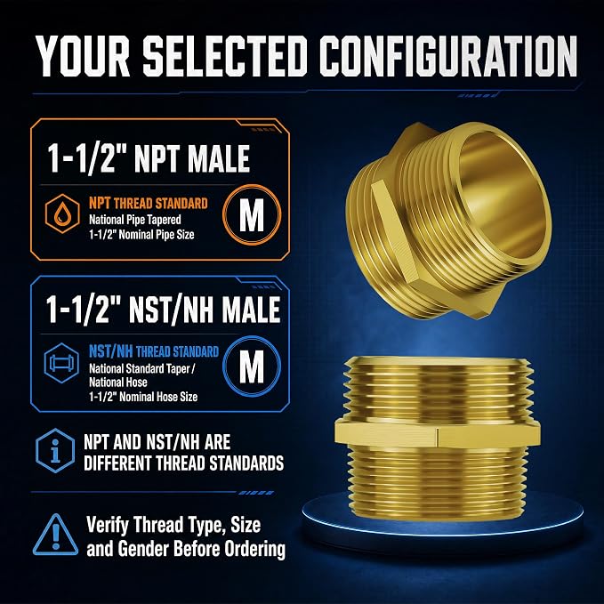 1-1/2" NPT Male x 1-1/2" NST/NH Male Fire Hose Adapter | Solid brass - Image 2