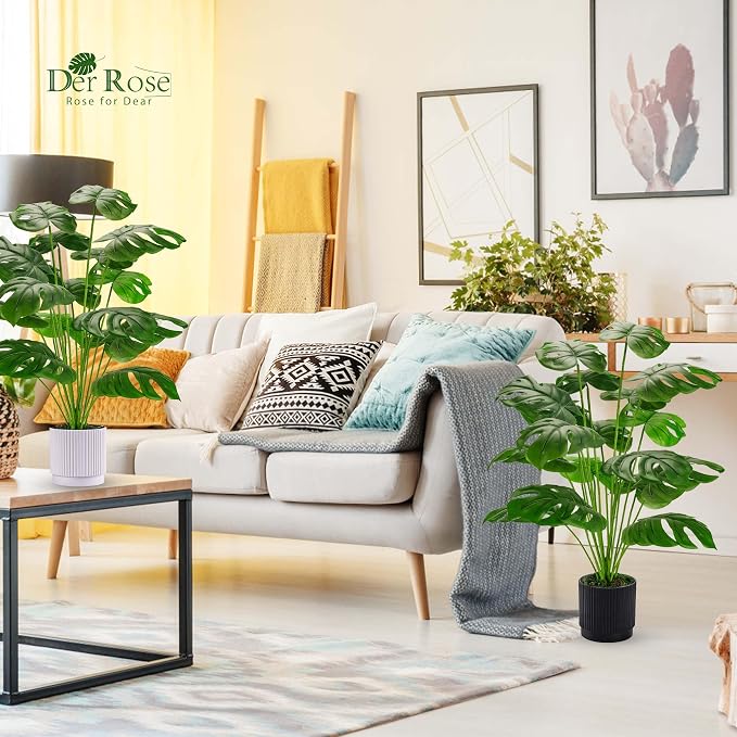 Der Rose 2 Pack 28" Fake Plants, Monstera Plants in White and Black Pots | - Image 2
