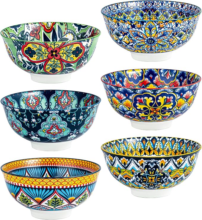 HENXFEN LEAD Boho Ceramic Cereal & Soup Bowls Set of 6, 24 oz | Assorted by HENXFENLEAD