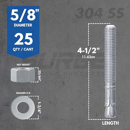 5/8" X 4-1/2" 304 Stainless Steel Wedge Anchors - Image 3