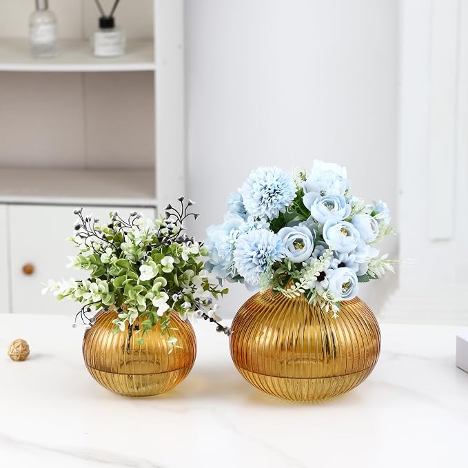 Amber Glass Vases for Tulips, Flower Vases for Bouquet, Ribbed Glass Vase for - Image 4
