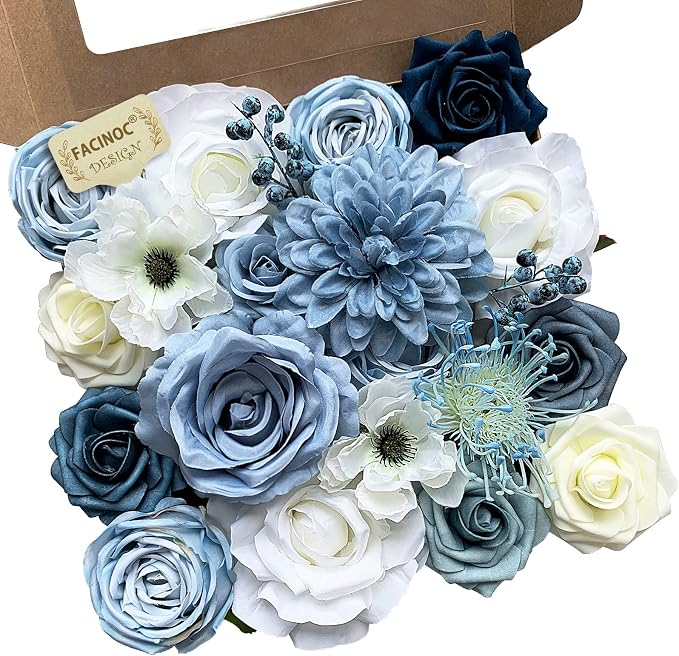FACINOC Roses Artificial Flowers Blue Bouquet Box Set Fake Flower by FACINOC