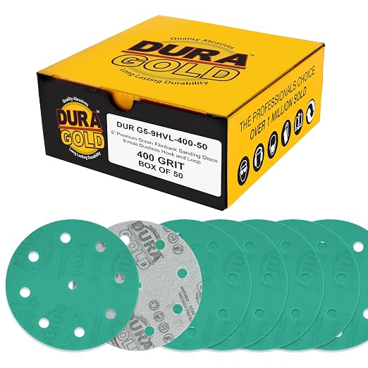Dura-Gold Premium 400 Grit 5" Green Film Sanding Discs, 9-Hole Pattern by Dura-Gold