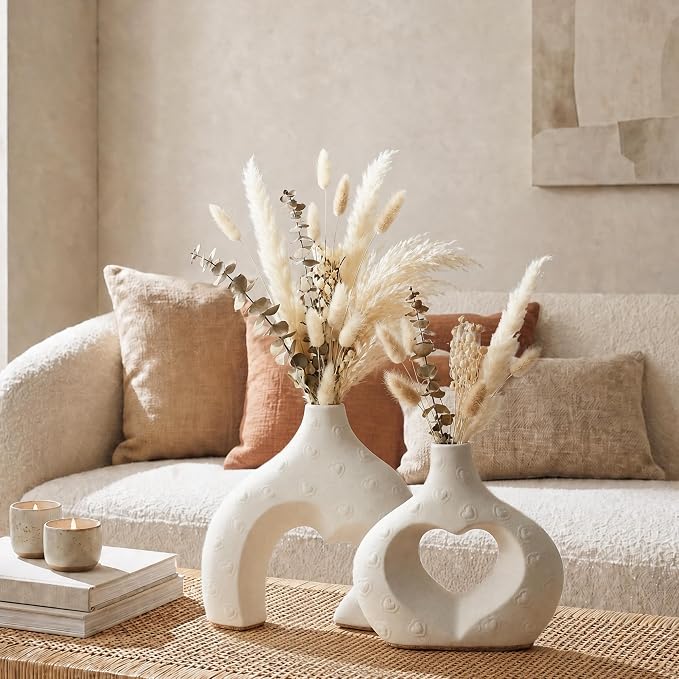White Ceramic Flower Vases Table Decor Heart Shaped Vase Set of 2 | Nordic - Image 4