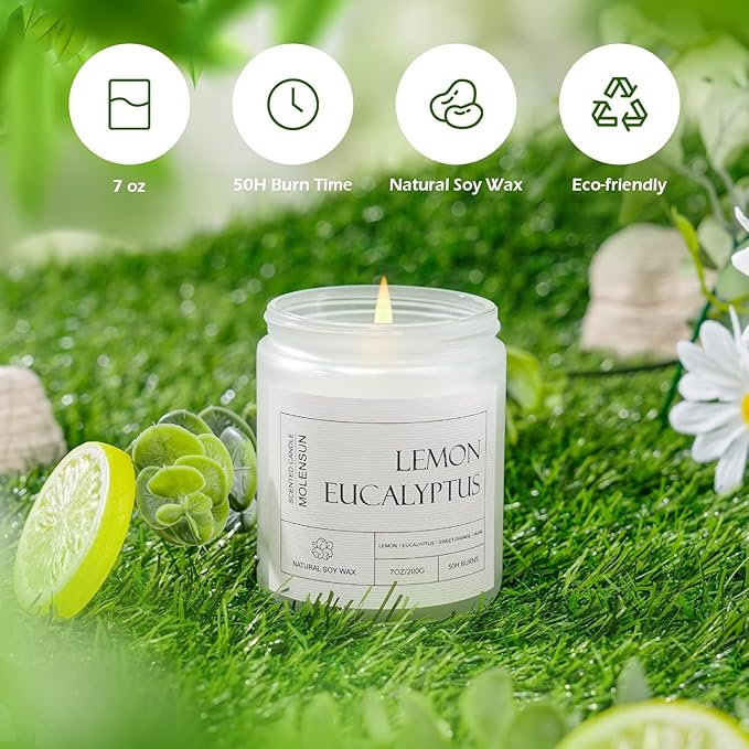 Molensun Lemon Eucalyptus Scented Candle, Soy Wax 7 oz | Bright lemon - Image 3
