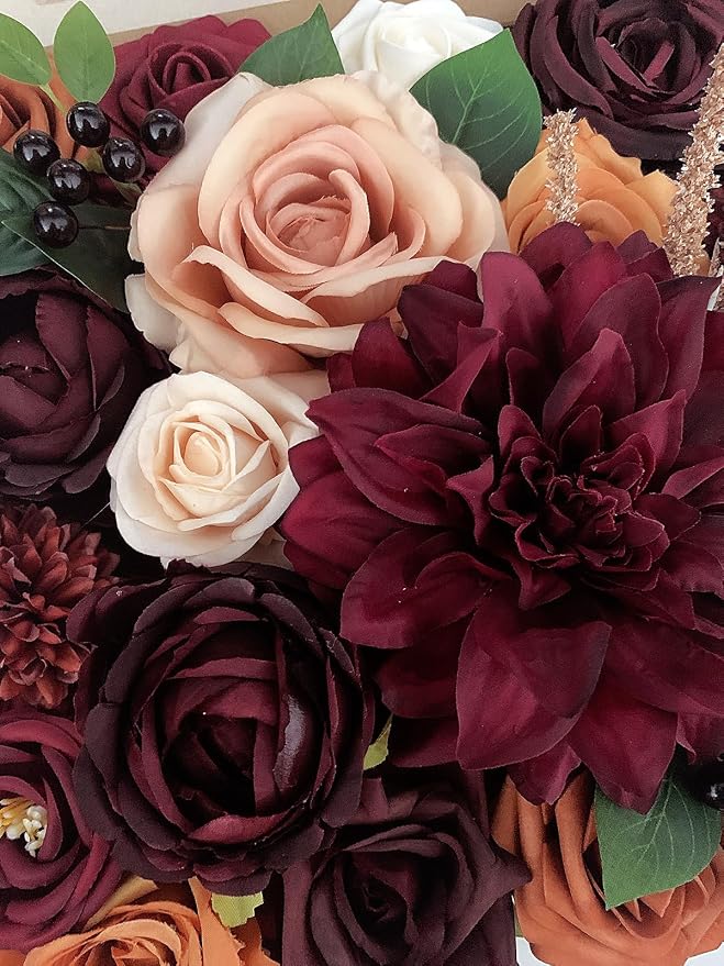 FACINOC Artificial Flowers Orange Burgundy Fake Flowers Dahlia Roses Bulk | DIY - Image 8