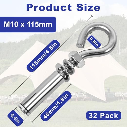 32 Pack 3/8" X 4-1/2" Expansion Eye Bolt, Concrete Eyebolt Anchors, Heavy Duty - Image 2
