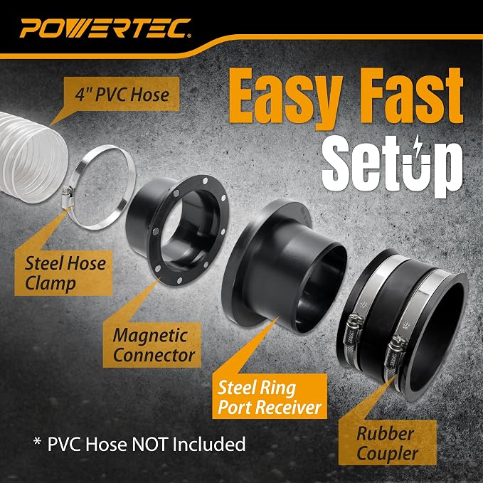 POWERTEC 4” Steel Ring Port Receiver, Magnetic Dust Collection Fitting - Image 2