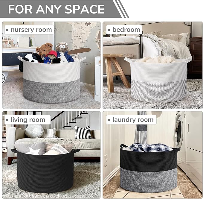 INDRESSME 115L Extra Large Woven Rope Blanket Basket Living Room Black Grey | - Image 4