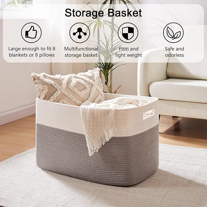 OIAHOMY 108L Extra Large Blanket Basket Dog Toy Basket Grey/White | Rectangle - Image 4