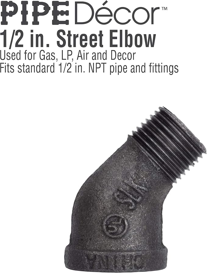 1/2" Street Elbow 45 Degree Fitting, PIPE DECOR Black Malleable Iron Fittings - Image 3