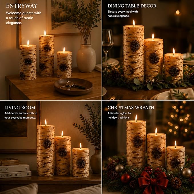 Rustic Birch Bark Pillar Candle Set of 3, Unscented Home Decor | Assorted Size - Image 5