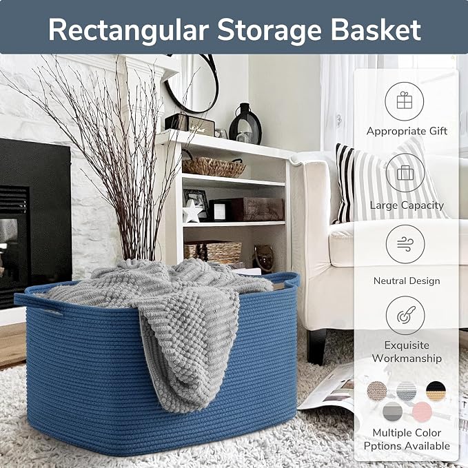 Goodpick Large Woven Rope Blanket Basket, Dark Blue | 21.6'' x 14.9'' x 11.8'' - Image 7