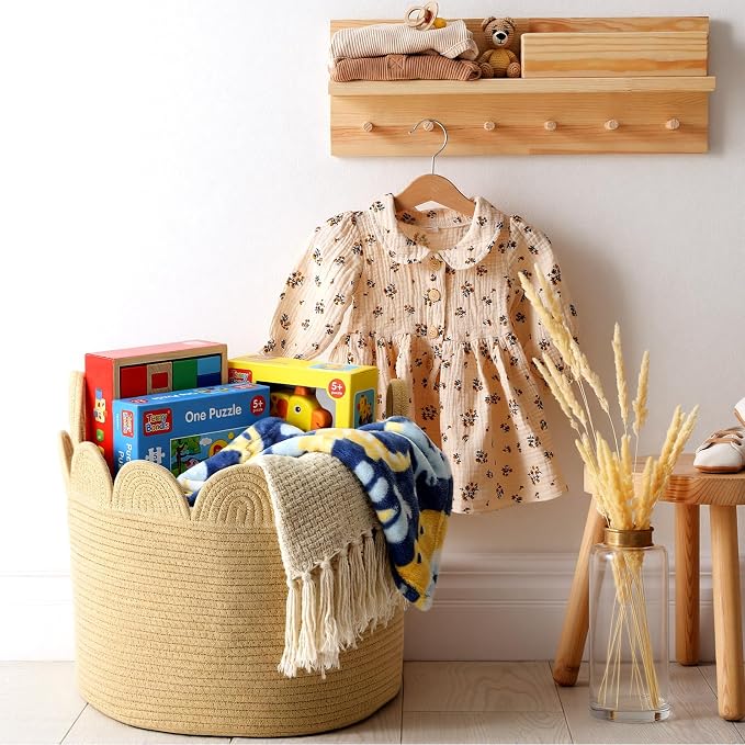 LemonRoad Round Woven Basket Brown, Cotton Rope Scalloped Edge Tassels - Image 6