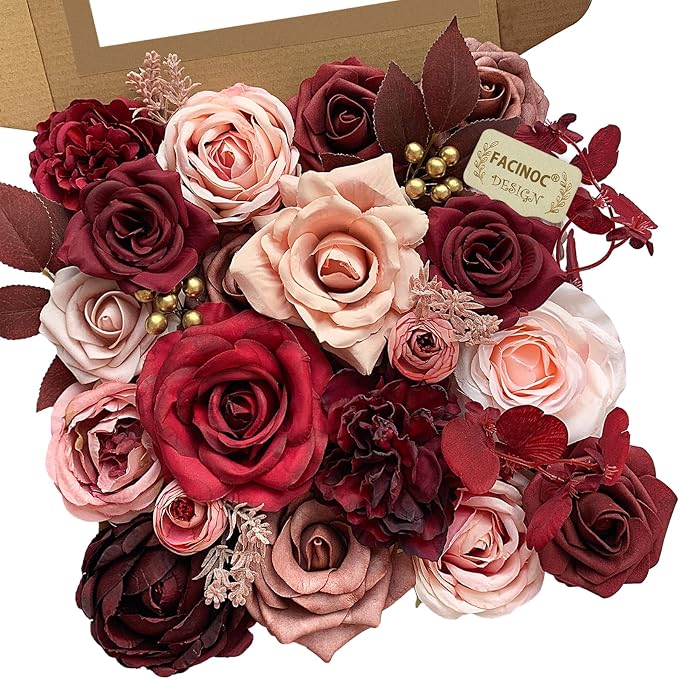 FACINOC Roses Artificial Flowers Burgundy Red Bouquet Fake Flower Bulk | DIY by FACINOC