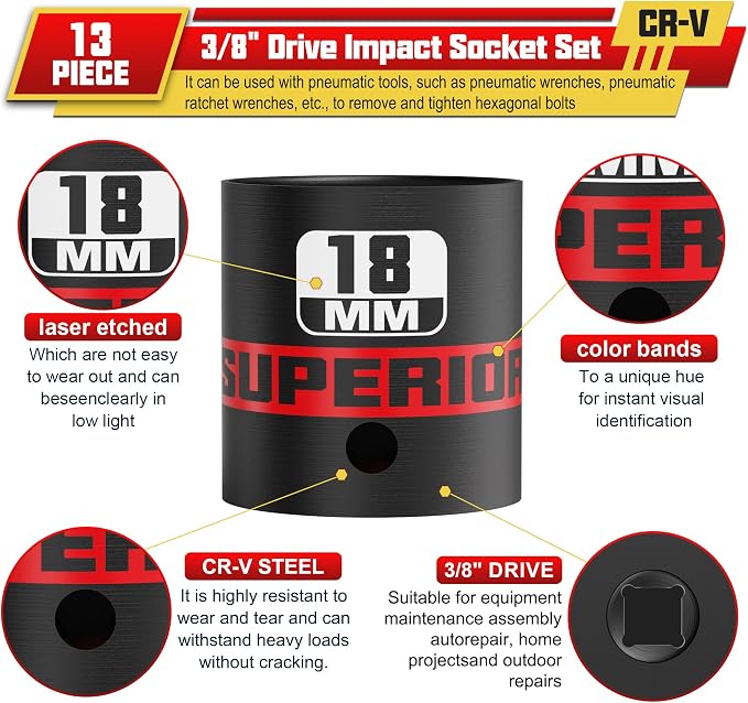 13 Piece 3/8" Drive Impact Socket Set, 7 mm-19 mm Shallow Socket, 6 Point - Image 3